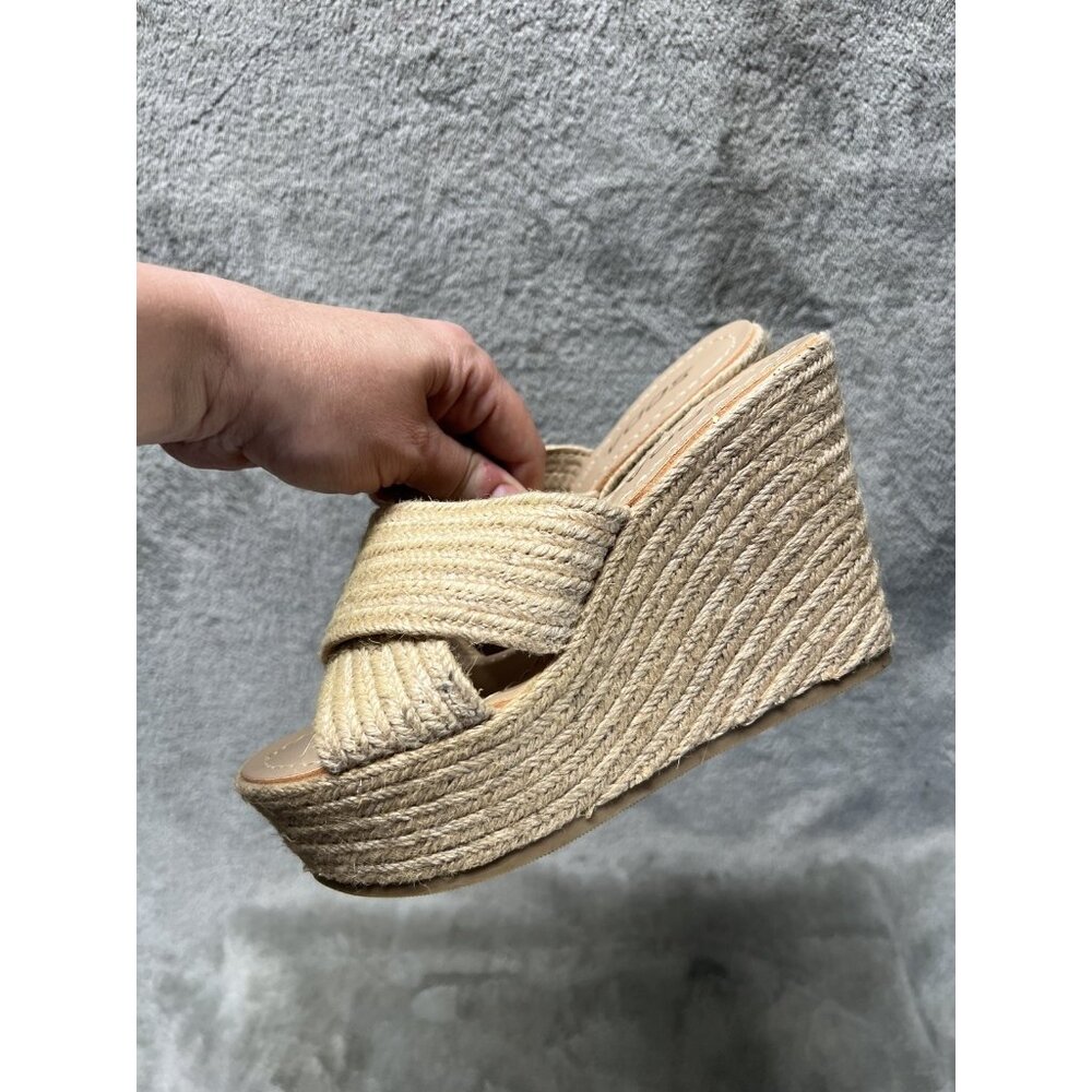 Vtg Soda 5.5 Natural Jute Raffia Open Toe Slide Sandal Platform Wedge Slip-On